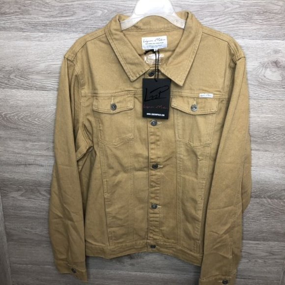 Liquor n Poker Mens XL Denim Jean Jacket Tan NEW - Picture 1 of 7